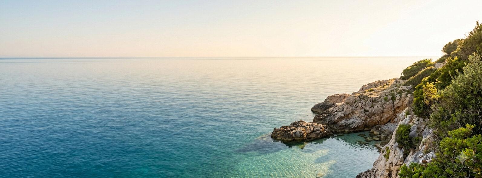 Tranquil Mediterranean coastline featuring clear turquoise water, rocky cliffs covered in lush green vegetation, and bright sunlight setting a summer vibe for field research stories.