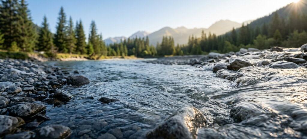 Clear mountain river flowing over pebbles and rocks with evergreen pine trees and sunlit peaks in the background, symbolizing the natural path of a shop-along market research journey