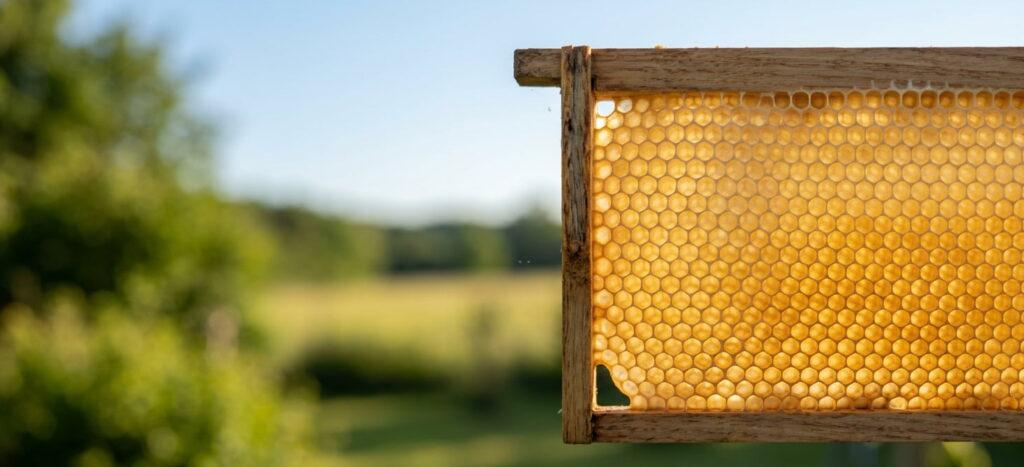 Wooden beehive frame filled with golden honeycomb against a blurred green nature background, symbolizing structured data collection and internal research panels