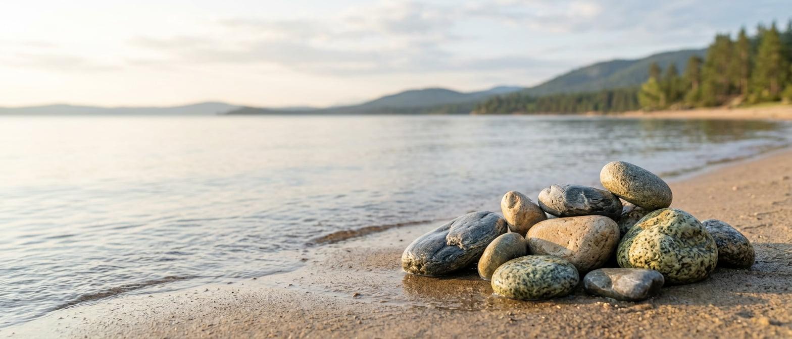A balanced stack of smooth beach stones on a sandy shore by calm water, symbolizing stability and the nuanced reality of Baby Boomer consumer behavior.